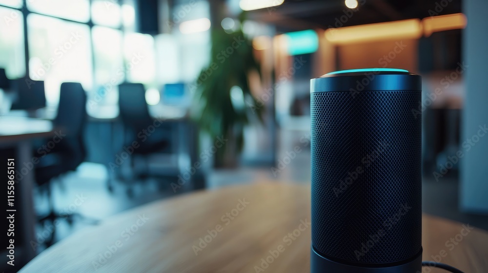 Poster business voice assistant device in modern office setting with empty space for text and focus on ai t