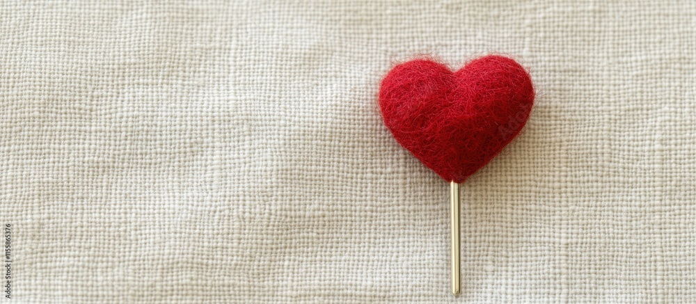 Poster red heart pin on a soft neutral fabric background with ample empty space for text or branding elemen