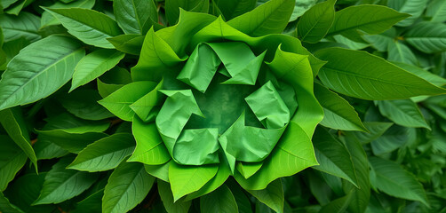 Fototapeta premium Lush green leaves are arranged to create a recycling symbol, surrounded by vibrant foliage. This artistic representation emphasizes the importance of sustainability and nature preservation