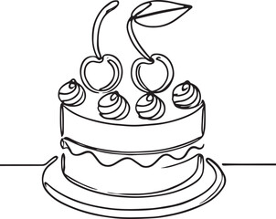Simple Cake and Cherry Line Illustration – Minimalist Art on White