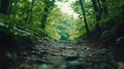 Forest path in lush greenery serene mountain trail inviting outdoor adventure with empty space for text ideal for nature exploration themes