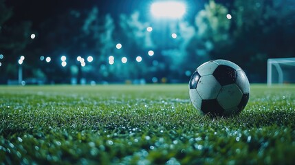 Close up of a soccer ball on a well-lit field at night with blurred lights and ample space for text overlay in the background