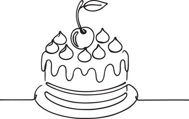 Simple Cake and Cherry Line Illustration – Minimalist Art on White