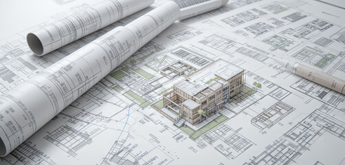Architectural plans lay flat on a surface, showcasing various building layouts, while a detailed model sits prominently in the center, highlighting the project's design