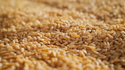 Close up of golden rice grains showcasing organic harvest diversity with natural textures and empty...