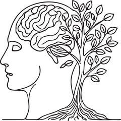 Psychological Growth Concept Human Brain and Tree in Minimalist Line Art
