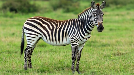 Naklejka premium Close up portrait of a zebra in a green savanna showcasing wildlife and ecology in Africa with space for text and design elements.
