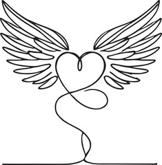 Heart with Wings Line Drawing Symbolizing Freedom, Love, and Passion in Minimalist Art
