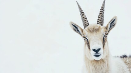 Portrait of an alpine ibex goat with soft features and snowy background ideal for wildlife and nature themed designs or advertisements