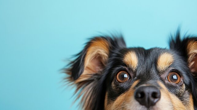 Close up portrait of a lovable mixed breed dog against a pastel background with ample space for text and graphic overlay