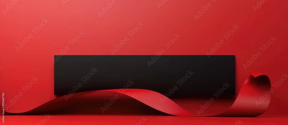 Poster 3d abstract red background with flowing black banner creating space for text or graphics