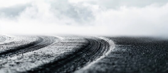 Close up tire tracks on wet asphalt under gray cloud with empty space for text showcasing motion and road travel concepts