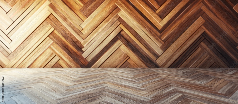 Poster 3d rendering of luxurious wooden patterned wallpaper in a modern showroom with ample empty space for