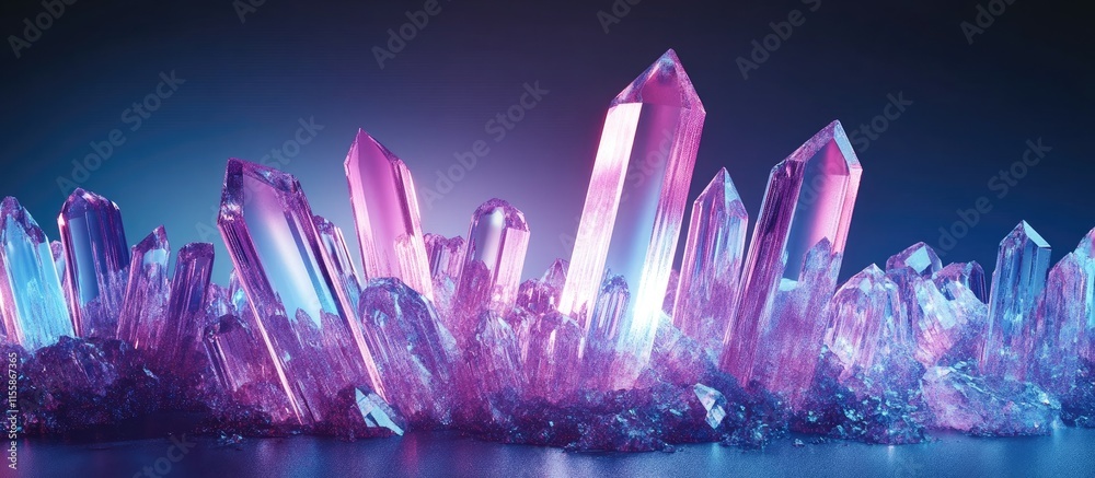 Poster 3d rendering of vibrant synthetic crystals with colorful glow and empty space for text on a mystical