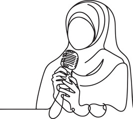 Elegant Muslim Woman with Microphone &ndash; Simple Line Art on White Background