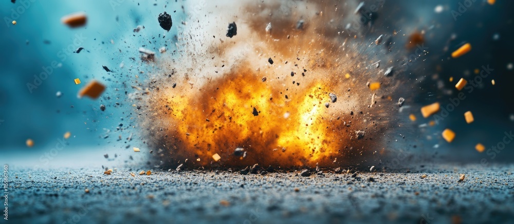 Poster dynamic explosion debris dispersing on a textured surface with vibrant colors and ample empty space 