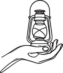 Minimalist Hand-Held Lantern Line Art Drawing on White Background