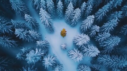 Aerial View of Snow-Covered Forest Winter Landscape with a Central Tree and Clear Blue Sky Ideal for Text Addition and Nature Themes