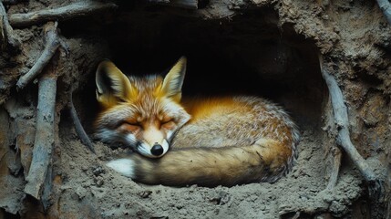 Red fox resting peacefully in its burrow during the day in a natural habitat