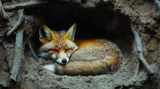 Red fox resting peacefully in its burrow during the day in a natural habitat - Powered by Adobe
