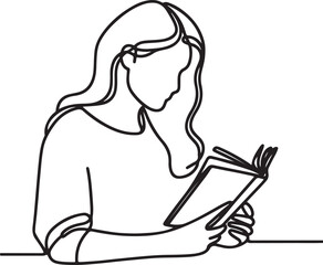 Line Art of a Woman Reading a Book on White Background