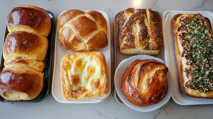 Assorted Freshly Baked Breads Displayed on Marble Tabletop with a Variety of Shapes and Toppings
