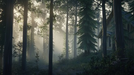 Fototapeta premium Misty Dawn in the Forest: Sunlight streams through dense trees, illuminating a quaint cabin nestled within a misty forest. The scene evokes a sense of tranquility and mystery. 