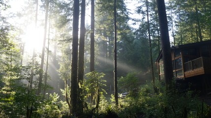 Obraz premium Sunlight Through the Trees: A rustic cabin nestled amidst towering redwood trees, bathed in the warm glow of the rising sun. The ethereal light creates a sense of tranquility and serenity.