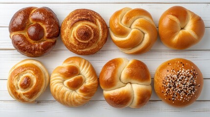 Assorted Freshly Baked Buns on White Wooden Surface Top View with Copy Space for Bakery or Culinary Themes