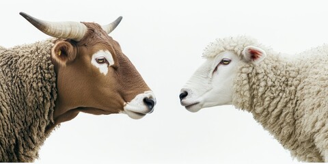 Fototapeta premium Farm Friends: A Cow and Sheep in Harmonious White Setting