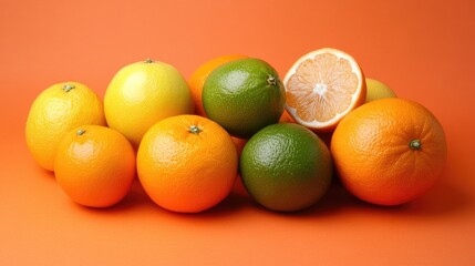Vibrant Assorted Citrus Fruits Displayed on Bright Orange Background with Ample Copy Space for Design and Marketing Applications