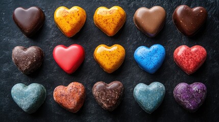 Obraz premium Colorful Handmade Heart-Shaped Chocolate Pralines Displayed on Black Background Vertical Composition for Valentine's Day or Special Occasions