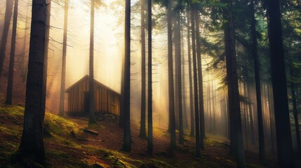 Misty Forest Cabin: Sunbeams pierce the morning mist, illuminating a secluded wooden cabin nestled deep within a dense evergreen forest. A sense of mystery and tranquility pervades the scene. 