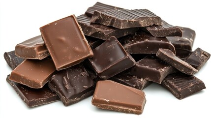 Assorted Dark and Milk Chocolate Pieces Piled on a White Background Ideal for Sweet Treats and Gourmet Desserts