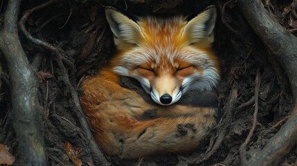 Obraz premium Red fox resting peacefully in its burrow during the day in a natural habitat