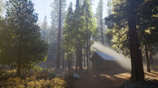Secluded Cabin in Misty Redwood Forest 