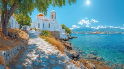 Picturesque coastal path leading to a white church by the turquoise Mediterranean Sea, under a sunny sky, with lush green trees providing shade.