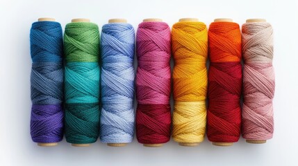 Assorted vibrant cotton thread spools arranged in a row perfect for sewing and craft projects isolated on a clean white background