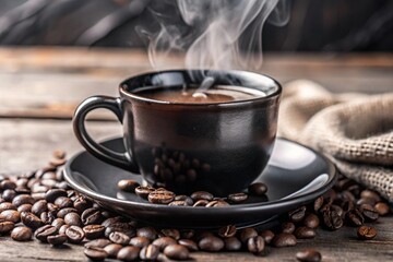 Close-Up of Steaming Latte Art Coffee in Rustic Warm Setting with Roasted Beans