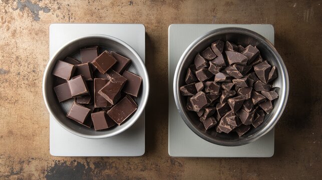 Assorted dark and semisweet chocolate pieces balanced on a scale for culinary and confectionery purposes