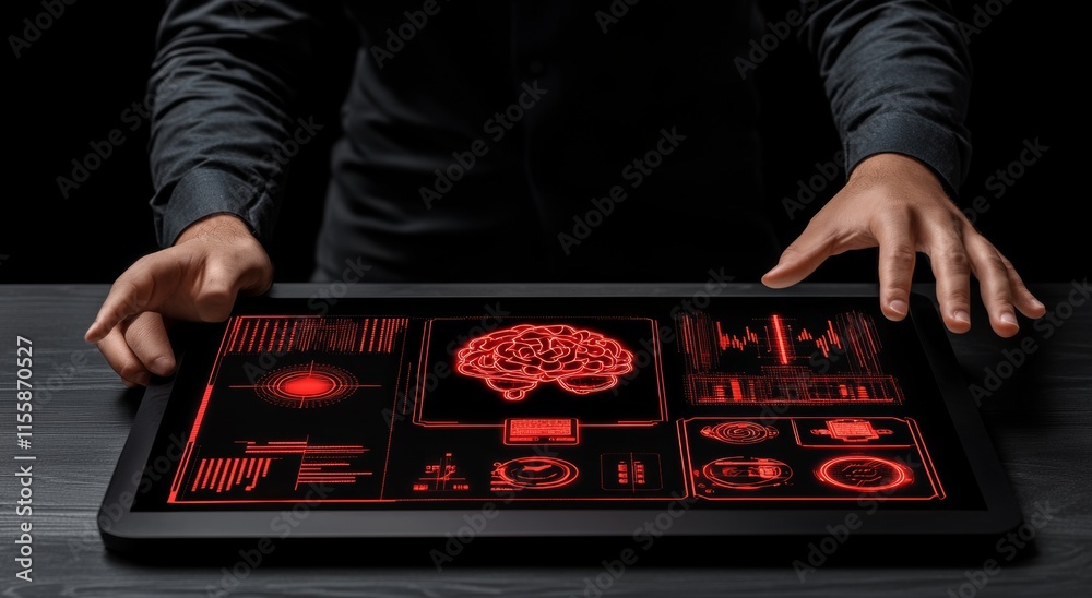 Poster the executive businessman directs his finger at a virtual screen with the outcomes of an intelligent