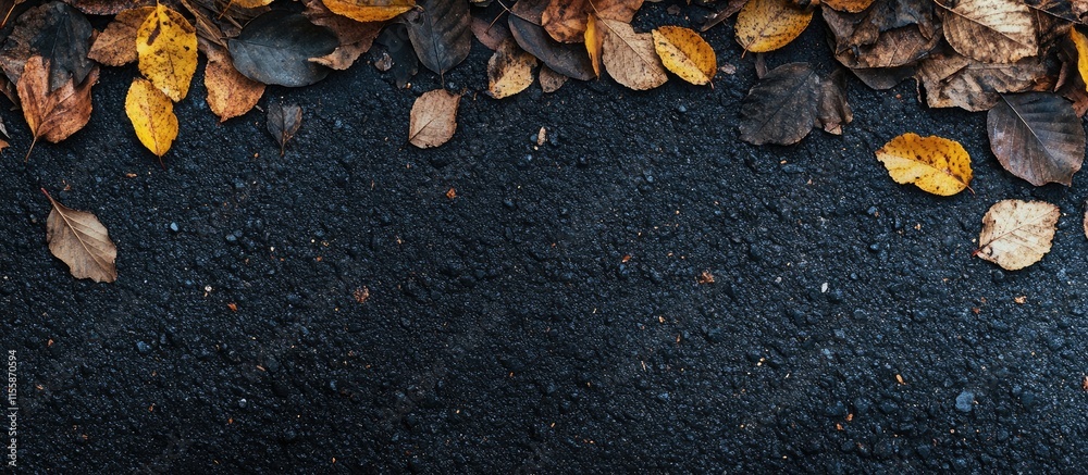Poster autumn leaves on dark asphalt surface with empty space for custom text or design elements