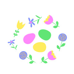 Colorful spring flowers and easter eggs in circular pattern.