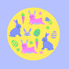 Colorful easter bunnies and eggs with carrots in a festive circle design.