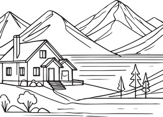 Line Drawing of House Near Lake and Mountains