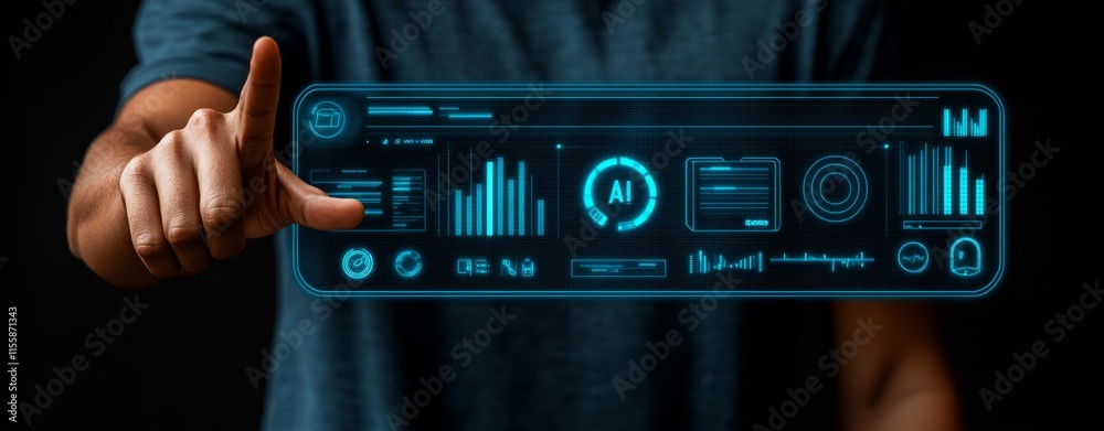 Poster a businessman using a virtual screen to work with ai machine learning, surrounded by big data and co