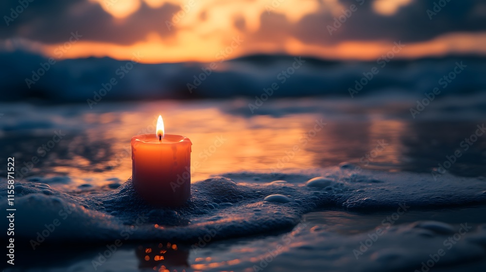 Poster tranquil sunset with burning candle on shoreline, reflecting warm light on ocean waves, creating ser