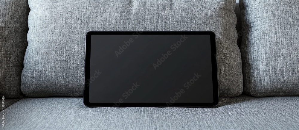 Poster black digital tablet mockup on cozy sofa with empty screen area for customizable text display