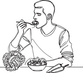 Simple Line Drawing of a Man Eating Vegetables Clean and Minimalist Art