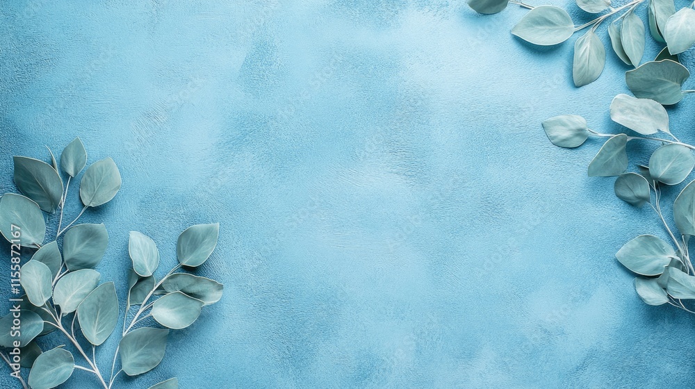 Poster minimalist blue color palette with soft leaves creating elegant negative space for text or design el